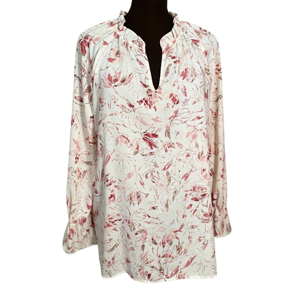 Floral Flowy Ruffly Tunic Top,‎ Large, Long Sleeve, Kaari Blue